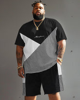 Street Casual Black White Gray Houndstooth Print Big Men's Set