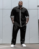 Textured Pocket Patchwork Printed Long Sleeve Lapel Shirt 2 Piece Set Men's Big and Tall