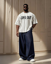 Plus Size Men's Black Simple Stripe Calm Down Letter Print Casual Short-sleeved T-shirt Pants Suit