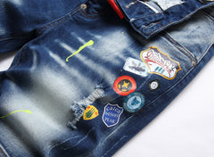 Men's Hole Feature Fashion Trendy Street Shooting Badge Print Jeans