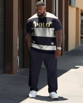 Plus Size Men's Casual Two-Piece Color Matching Short-Sleeved T-shirt Set