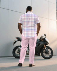 Big & Tall Men's Business Pink Plaid Short Sleeve Shirt Pants Suit