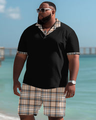 Big Men's Casual Simple Plaid Polo Shorts Set