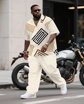 Men's Plus Size Business Apricot Striped Geometric Print Short Sleeve Shirt Trousers Suit