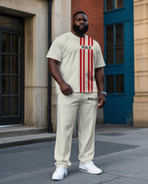 Big Men's Simple Fashion Red Stripe POLO Letter Printed Casual Short Sleeve T-shirt Pants Set