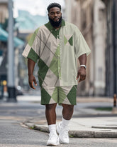 Men's Plus Size Street Fashion Green Patchwork Diamond Print Shirt Shorts Suit