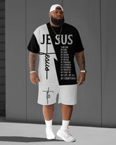 Men's Plus Size Jesus Faith Contrast Color Short Sleeve T-Shirt Shorts Suit