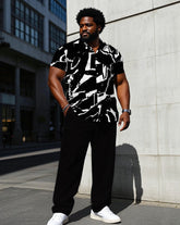 Men's Plus Size Black Hourglass Geometric Short Sleeve Shirt Trousers Suit