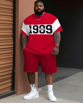 Men's Large Size Street Cartoon Color Block 1909 Graffiti Short Sleeve Shorts Set