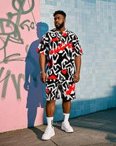 Plus Size Men's Creative Graffiti Print T-shirt Shorts Suit