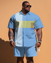 Big Guy's Simple Striped Short Sleeve Shirt And Shorts Set