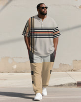 Men's Plus Size Khaki Colorblock Striped Print Henry Collar T-Shirt Trousers Suit