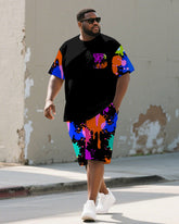 Men's Plus Size Graffiti Color B Letter Print Short Sleeve T-Shirt Shorts Suit