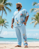 Big & Tall Men's Summer Vacation Style Color Matching Psychedelic Floral Printed Short Sleeve Shirt Trousers Cotton Linen Suit