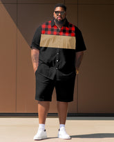Big Men's Plaid Color Block Stitching Short Sleeve Shirt Shorts Set