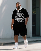 Big Men's Simple PRISON Theme Lettering White Collar Short Sleeve Polo Shirt Shorts Set