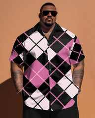 Big Men's Diamond Pink Contrast Plaid Short Sleeve Shirt Shorts Set