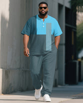 Men's Plus Size Blue Colorblock Printed Henry Collar T-Shirt Trousers Suit