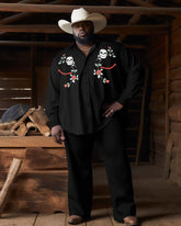 Men's Plus Size Western Denim Style Skull Floral Long Sleeve Trousers Two-Piece Set