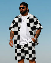Big Men's Classic Black & White Plaid Printed Daily Casual Short Sleeve Shirt and Shorts Set