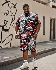 Plus Size Men's Creative Graffiti English Printed T-shirt Shorts Suit