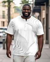 Men's Plus Size Daily Casual White Wave Line Print Henry Collar Button Short Sleeve T-Shirt