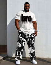 Men's Plus Size Street Graffiti "Brother" Three-dimensional Projection Print Short-sleeved T-shirt Trousers Suit