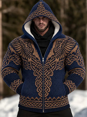 Men's Vintage Viking Wing Celtic Art Cozy Warm Knitted Jacquard Zipper Hooded Sweater