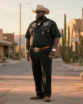 Big & Tall Men's Western Style Ceremonial Symbol Printed Short Sleeve Shirt Trousers Suit