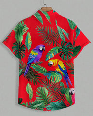 Men's Plus Size Hawaiian Red Parrot Leaf Print Short Sleeve Shirt