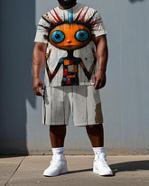 Big & Tall Men's Colorful Splicing Elf Print Summer Short-Sleeve T-shirt and Shorts Set