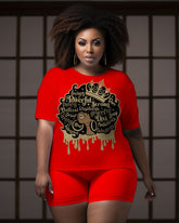 Women's Big & Tall Retro Casual Afro Queen Graffiti Short Sleeve Shorts Set