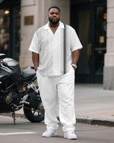 Men's Plus Size Business Gray Gradient Stripe Print Short Sleeve Shirt Trousers Suit