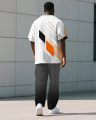 Men's Plus Size Gray Color Block Diamond Print T-shirt Trousers Suit