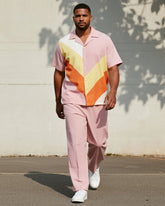 Big & Tall Men's Business Pink Color Block Printed Short Sleeve Shirt Trousers Suit