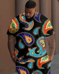 Men's Large Cashew Flower Print T-Shirt Pants Suit