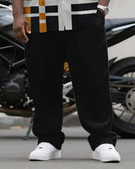 Men's Plus Size Simple Black And White Orange Color Matching Striped Printed Short Sleeve Shirt Trousers Suit