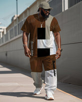 Men's Plus Size Brown Colorblock Geometric Alphabet Print T-Shirt Trousers Suit