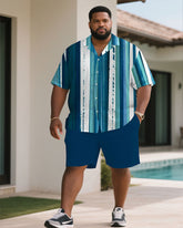 Men's Plus Size Summer Blue Ocean Striped Short Sleeve Shirt Shorts Suit