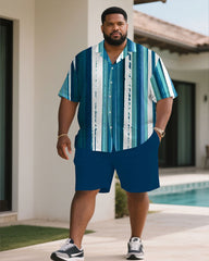 Men's Plus Size Summer Blue Ocean Striped Short Sleeve Shirt Shorts Suit