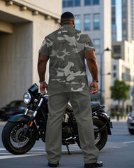 Men's Plus Size Gray Fashion Camouflage Short Sleeve Shirt Trousers Suit