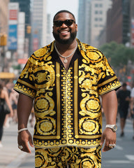 Big & Tall Men's Casual Golden Vintage Flowers Print Shirt Shorts Suit