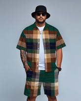 Big Men's Daily Casual Retro Green & Brown Plaid Printed Short Sleeve Shirt and Shorts Set