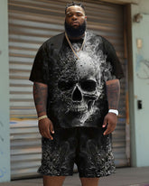 Men's Plus Size Casual Smoke Skull Print T-Shirt Shorts Set