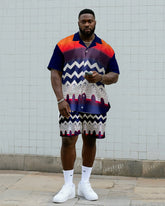 Big & Tall Men's Daily Leisure. Vintage Wave Striped Hierarchical Print Shirt Shorts Suit