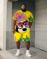 Big & Tall Men's Yellow Cartoon Dog Graffiti Print Round Neck Short Sleeve T-Shirt Shorts Suit