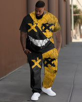 Men's Large Size Cartoon Contrasting Color Short-sleeved Trousers Two-piece Set