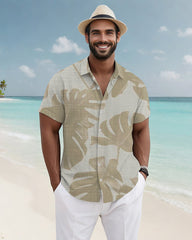 Men's Plus Size Hawaiian Apricot Leaf Print Short Sleeve Slub Shirt