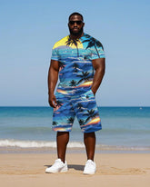 Big Men's Hawaiian Seaside Sunset Coconut Trees Printed Short Sleeve T-shirt and Shorts Set