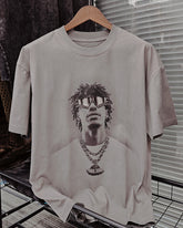 M-2XL Street Fashion Gray Distressed Hip Hop Laser Sunglasses Portrait Print Round Neck Short Sleeve T-shirt